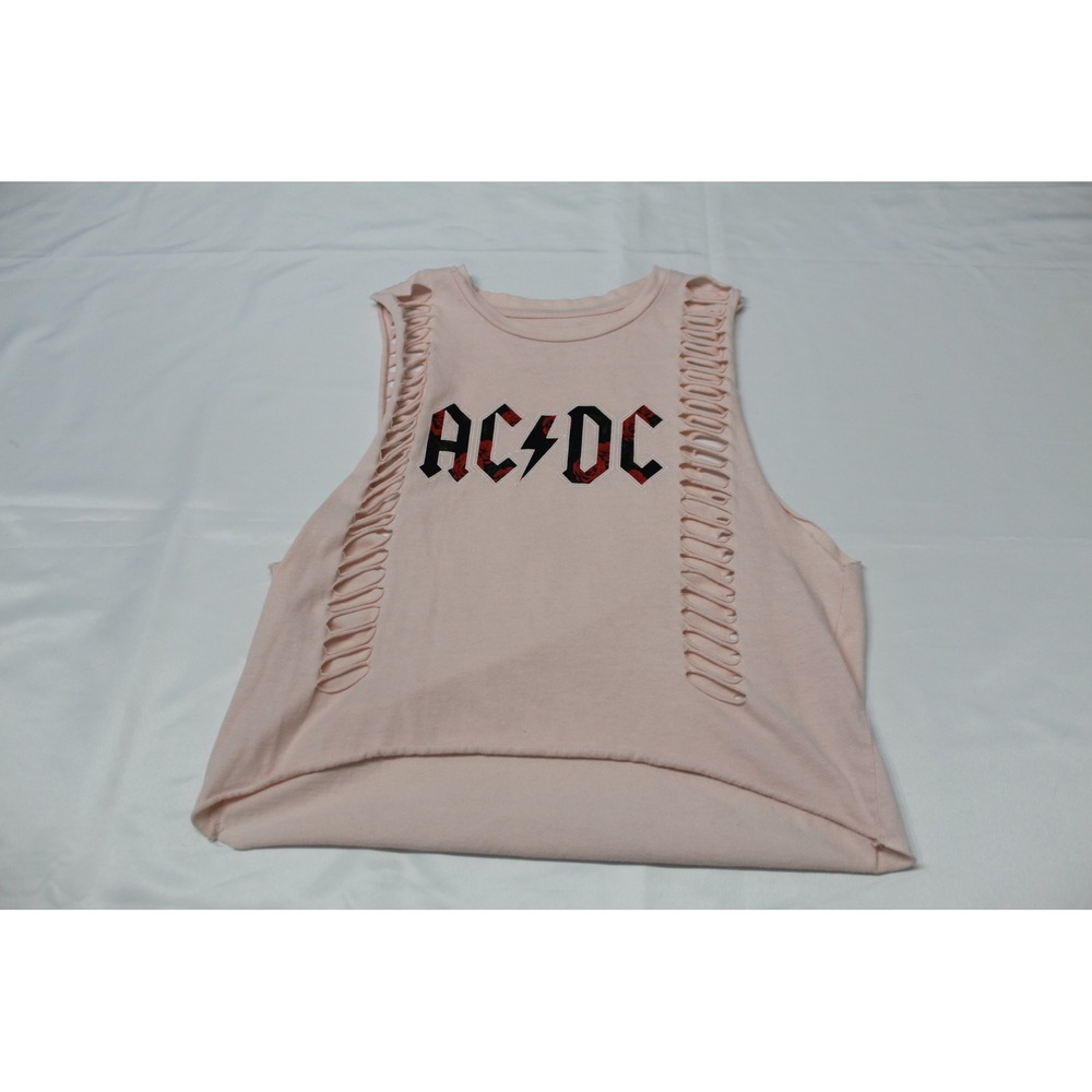 AC/DC Graphic Muscle Tank Top Pink Shredded Ladder Cut High Low Womens Small‎